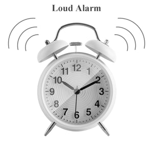 Topkey 4” Twin Bell Alarm Clock Non-ticking Bedside Table Travel Clock Vintage Alarm Clock With Nightlight and Loud Alarm, Battery Operated (Not Included)