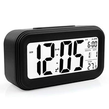 Load image into Gallery viewer, Topkey Digital Alarm Clock Bedside Loud Alarm Travel Clocks Snooze Night Light LCD Display Battery Operated Date Temperature Smart Clock (Black)
