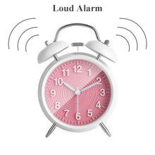 Load image into Gallery viewer, Topkey 4” Twin Bell Alarm Clock Non-ticking Bedside Table Travel Clock Vintage Alarm Clock With Nightlight and Loud Alarm, Battery Operated (Not Included)