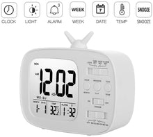 Load image into Gallery viewer, Topkey LED Digital Alarm Clock Bedside Desk Electronic Clock with 3 Alarms, Light, Snooze, Date, Week, Temperature (Battery Operated) - White