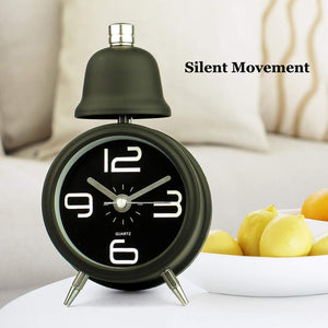 Topkey Alarm Clock 3 Inch Non Ticking Metal Travel Clock Battery Operated Bedside Loud Alarm Clock With Nightlight (Battery Not Included) - Black