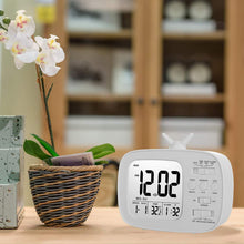 Load image into Gallery viewer, Topkey LED Digital Alarm Clock Bedside Desk Electronic Clock with 3 Alarms, Light, Snooze, Date, Week, Temperature (Battery Operated) - White