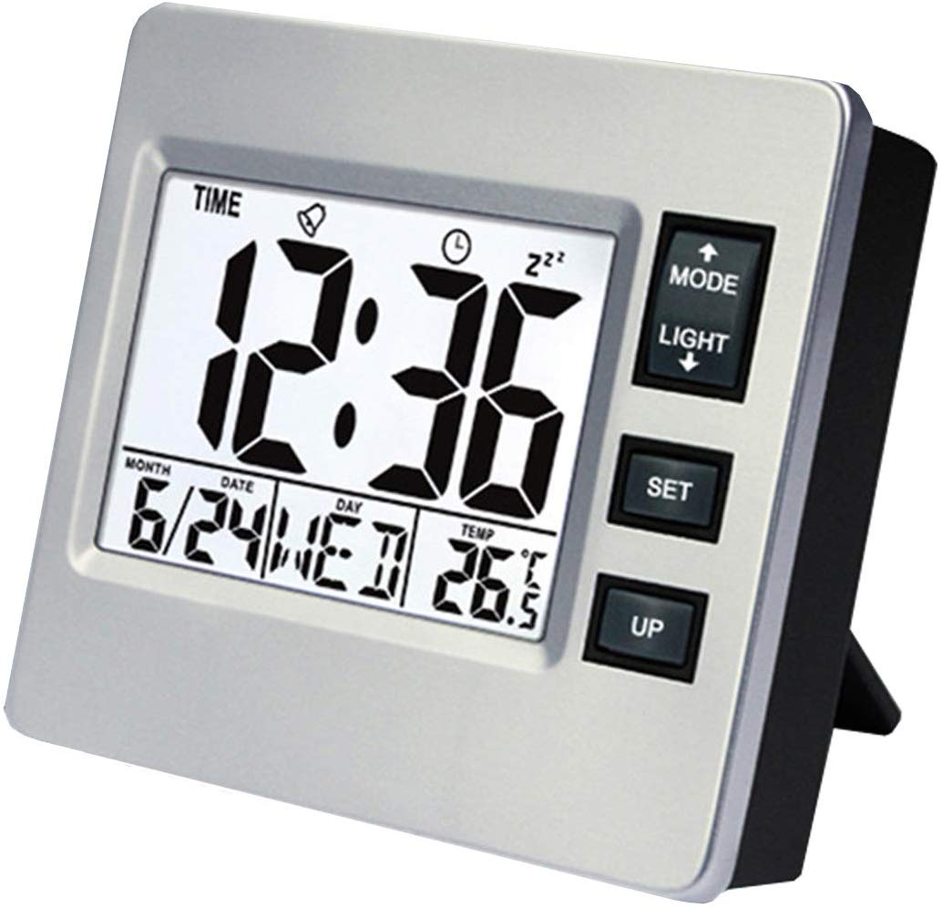Topkey Digital Alarm Clock Small Desk LCD Clock Kitchen Timer with Temperature Date Calendar for Office Home - 8.6cm X 7.7cm