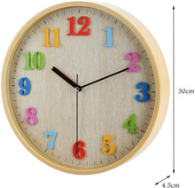 Load image into Gallery viewer, Topkey Wall Clock 12 Inch Silent Kids Colorful 3D Numbers Non Ticking Easy Read Wooden Look Wall Clock for Home Office