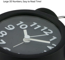 Load image into Gallery viewer, Topkey 4” Twin Bell Alarm Clock Non-ticking Bedside Table Travel Clock Vintage Alarm Clock With Nightlight and Loud Alarm, Battery Operated (Not Included)
