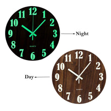 Load image into Gallery viewer, Topkey 12 Inch Luminous Wall Clock Silent Wooden Design Night Lights Round Wall Clock  (Battery Not Included) - Brown