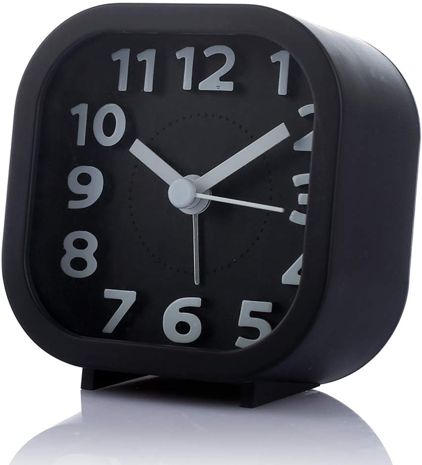 Topkey Travel Alarm Clock Candy Color Small Non Ticking Desk Clock with Light, Battery Operated (Not Included) - Black