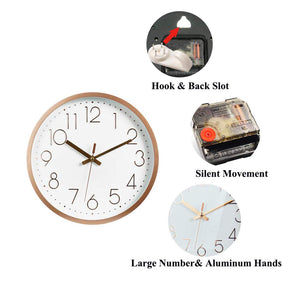 Topkey Wall Clock 12" Silent Non Ticking Arabic Numeral Clock Round Decorative Wall Clock for Living Room, Bedroom, Kitchen (Battery Not Included) Rose Gold