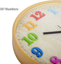 Load image into Gallery viewer, Topkey Wall Clock 12 Inch Silent Kids Colorful 3D Numbers Non Ticking Easy Read Wooden Look Wall Clock for Home Office