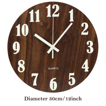 Load image into Gallery viewer, Topkey 12 Inch Luminous Wall Clock Silent Wooden Design Night Lights Round Wall Clock  (Battery Not Included) - Brown