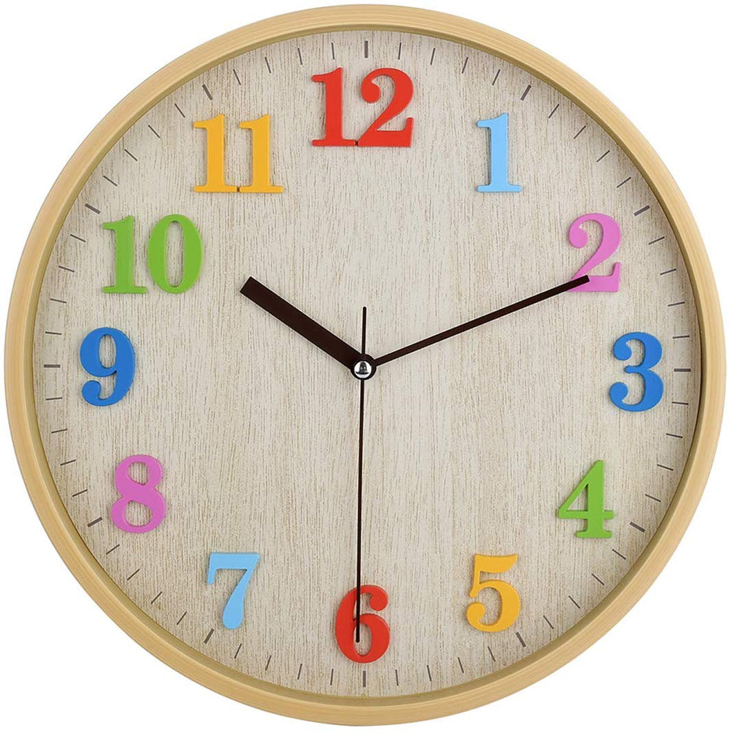 Topkey Wall Clock 12 Inch Silent Kids Colorful 3D Numbers Non Ticking Easy Read Wooden Look Wall Clock for Home Office