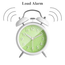 Load image into Gallery viewer, Topkey 4” Twin Bell Alarm Clock Non-ticking Bedside Table Travel Clock Vintage Alarm Clock With Nightlight and Loud Alarm, Battery Operated (Not Included)