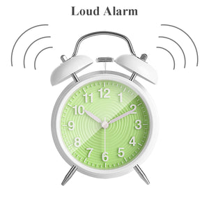Topkey 4” Twin Bell Alarm Clock Non-ticking Bedside Table Travel Clock Vintage Alarm Clock With Nightlight and Loud Alarm, Battery Operated (Not Included)