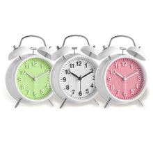 Load image into Gallery viewer, Topkey 4” Twin Bell Alarm Clock Non-ticking Bedside Table Travel Clock Vintage Alarm Clock With Nightlight and Loud Alarm, Battery Operated (Not Included)