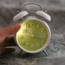 Load image into Gallery viewer, Topkey 4” Twin Bell Alarm Clock Non-ticking Bedside Table Travel Clock Vintage Alarm Clock With Nightlight and Loud Alarm, Battery Operated (Not Included)