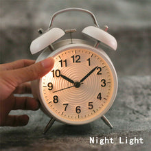 Load image into Gallery viewer, Topkey 4” Twin Bell Alarm Clock Non-ticking Bedside Table Travel Clock Vintage Alarm Clock With Nightlight and Loud Alarm, Battery Operated (Not Included)